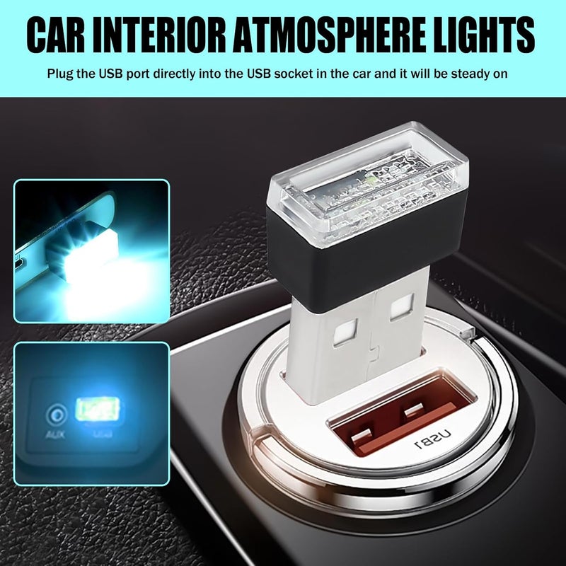 Hbxdeco 4 PCS USB LED Car Interior Atmosphere Lamp, Portable Mini Auto LED Decor Night Light, Plug-in USB Interface Ambient Lighting Kit, Universal Car Interior Accessories(Ice Blue) - Image 2